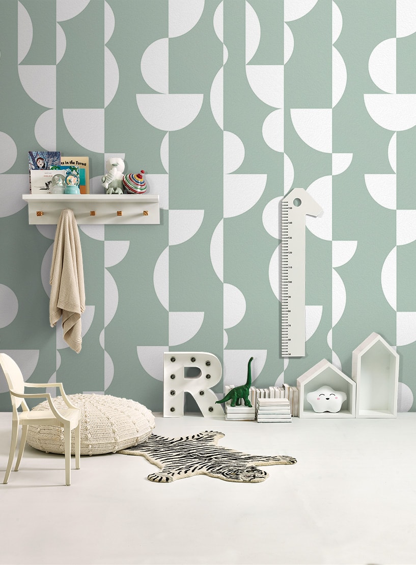 AMOSTRA PAPEL DE PAREDE ESFERAS BRANCO E VERDE