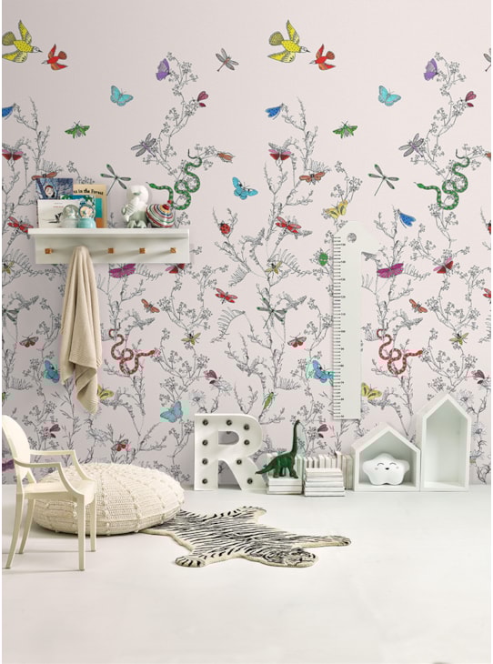 AMOSTRA PAPEL DE PAREDE INSETOS E FOLHAS FUNDO BEGE